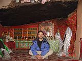 Tibet Kailash 10 Kora 04 Zutulpuk Gompa Milarepas Cave From Sam and Shelly The monk didn�t let me take a photo of Milarepa�s cave, with a glass case holding Milarepa�s nettle-green stone statue, hand to ear. The statue is made of brass and is said to have been made by Milarepa himself shortly before his death. No this is not me. This photo is from  Sam & Shelly Tibet Trip Summer 2004.